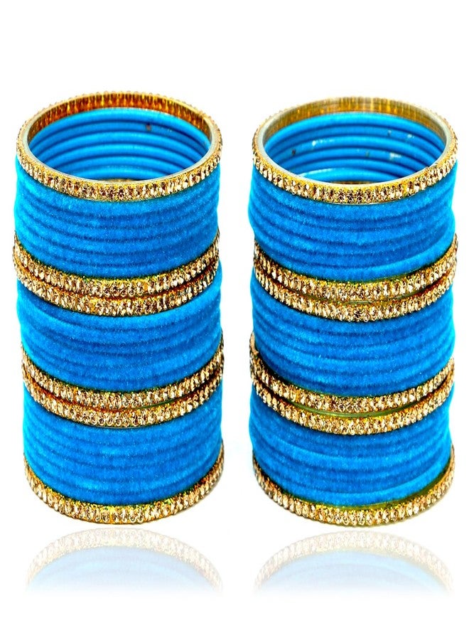 JD'Z COLLECTION Indian Jewelry CZ Stone Bangles Set for Women, Set of 48 Bangle, Bollywood Bangle Bracelet | Indian Bangles for Women | Perfect for Ethnic Ocassions | Bridal | Traditional Jewelry | Velvet Bangle (Firozi, 2.6 (Inner Dia-2.37 inches)) - Image 1